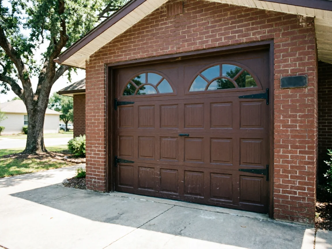 A brown garage door with arched windows is set in a brick house.