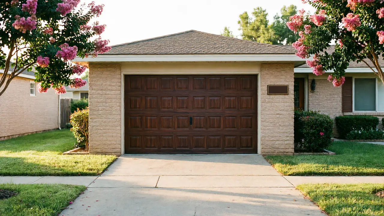 A brown paneled garage door is on a beige brick house with pink flowering trees.