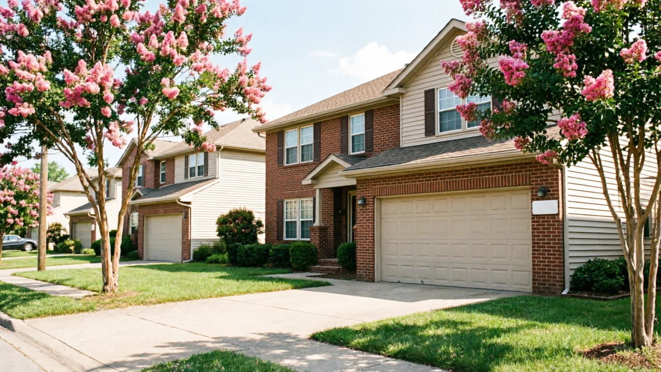 A row of suburban houses with beige garage doors and pink flowering trees.