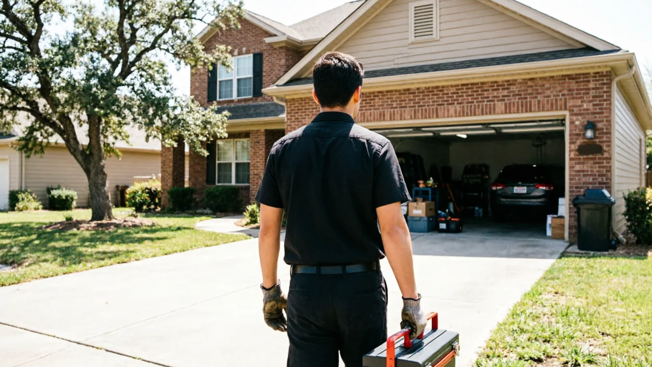 A technician walks toward an open garage door with a toolbox.
