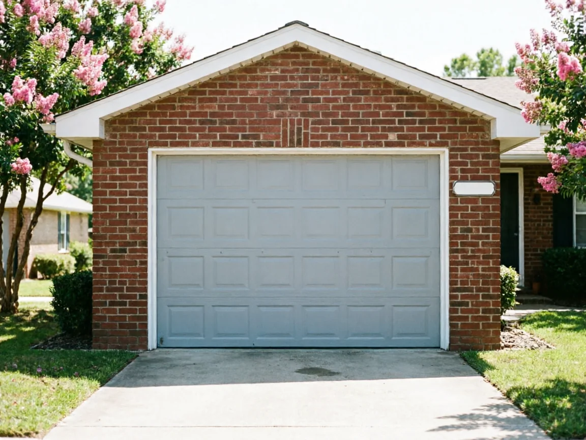A light gray garage door is centered on a red brick house.