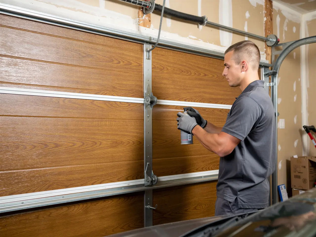A technician in gray gloves sprays lubricant on a brown garage door.
