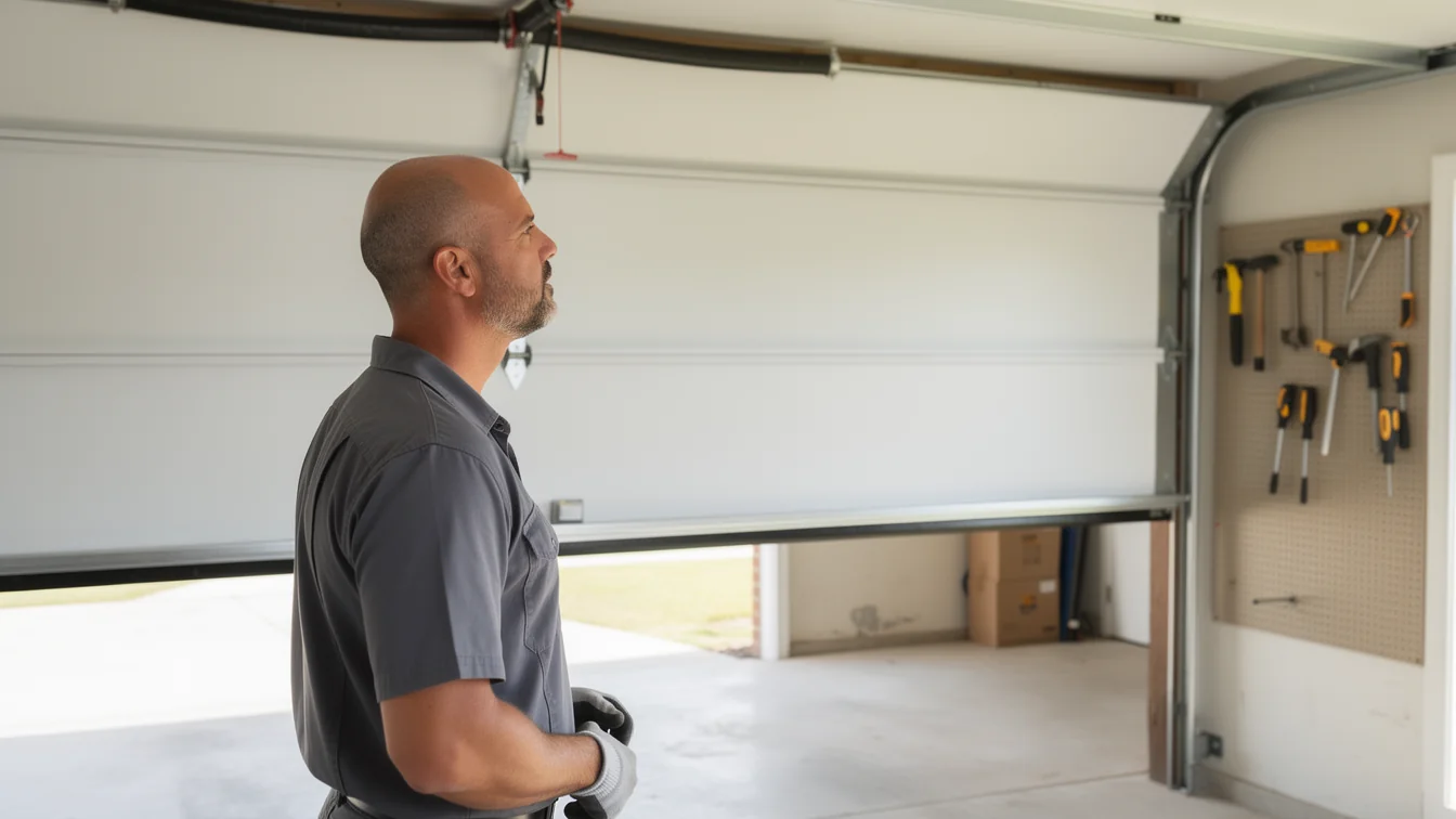 A technician in a gray shirt looks up at an open white garage door.