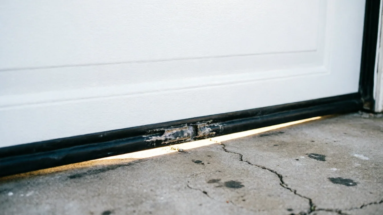The garage door bottom seal is damaged, showing a gap and light coming through.